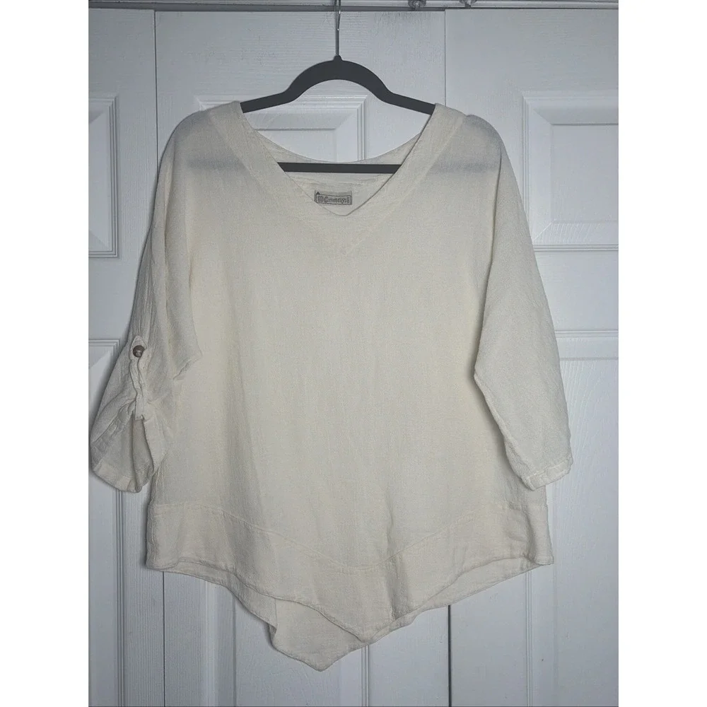Cottonways Gauze V-Neck Tunic Womens Size 2 Cream Coastal Grandma Roll Tab Top